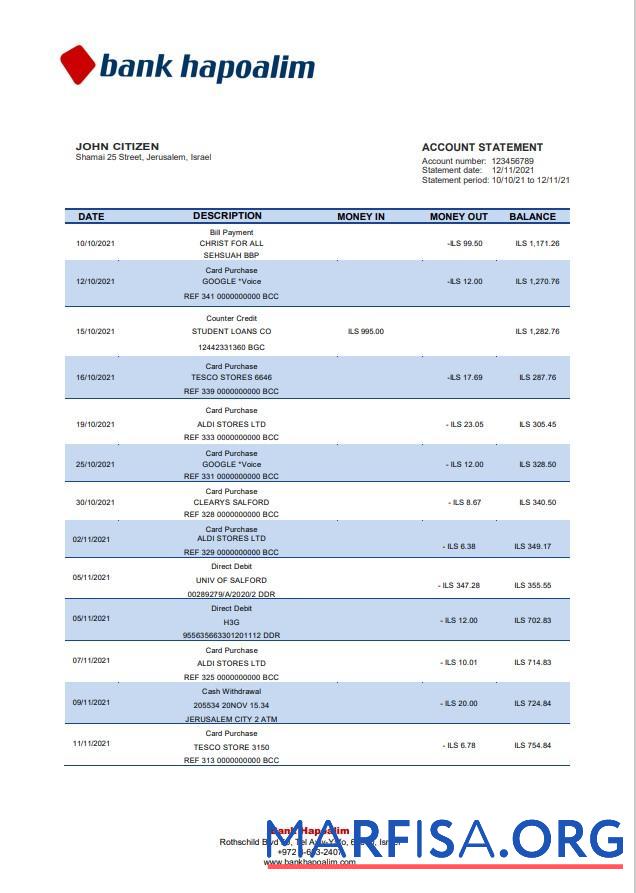 Downloadable Israel Hapoalim bank statement word sample